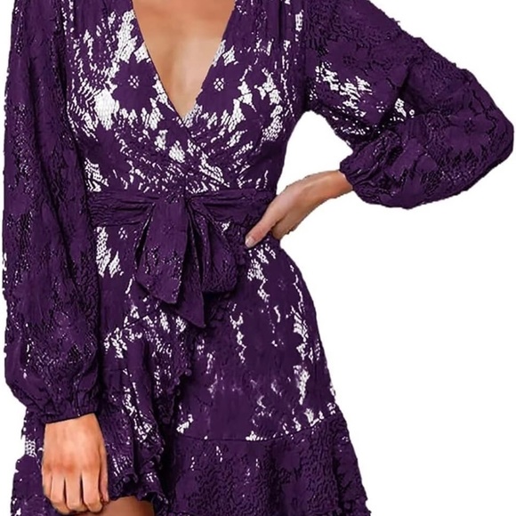 FARYSAYS Womens Lace Wrap Mini Dresses Floral V Neck Ruffle Short Dress - Picture 3 of 4